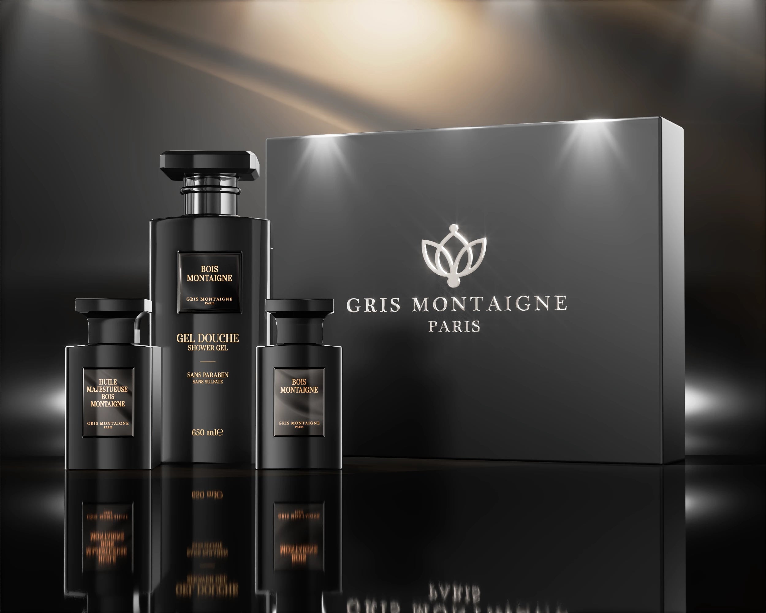Gris Montaigne - Coffret Bois Montaigne Gel Douche 650ml + Parfum 75ml + Huile 75ml